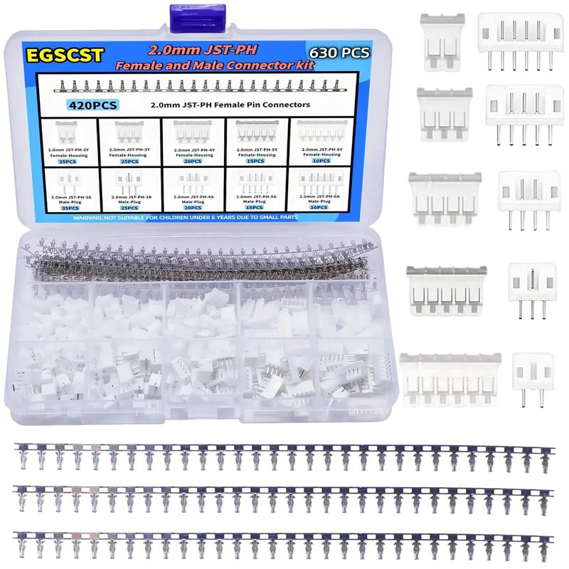 EGSCST طقم موصلات JST PH 630PCS مع كابل محول طرفي بفتحات 2.0 مم 2 3 4 5 6 دبابيس - Image 1